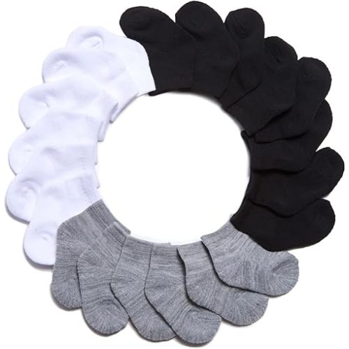 Nuby Infant Boys Basics 10-Pack Half Cushion Low Cut Baby Socks, Black/White/Light Grey, 6-12 Months