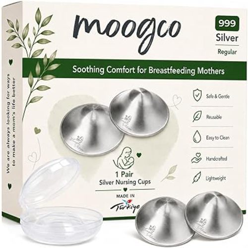 MOOGCO The Original Silver Nursing Cups - Nipple Shields for Breastfeeding Newborn - Breastfeeding Essentials - 999k Tri-Laminate Silver Nipple Covers (Regular Size, Set of 2)