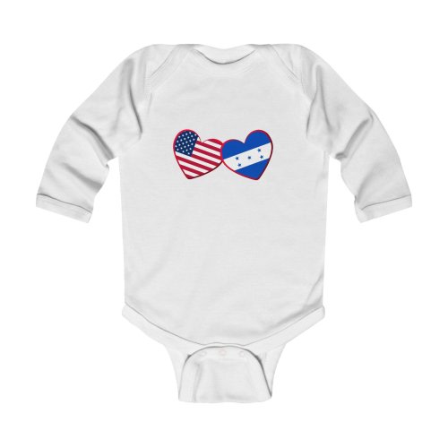 Honduras & USA Long Sleeve Heart Flag Bodysuit, American and Honduran Infant Bodysuit