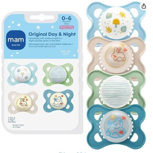 MAM Original Baby Pacifiers 0-6 Months, Binky for Newborn Babies, BPA-Free Skin Soft Silicone Nipple, Glows in The Dark, Developed with Medical Experts, 4 Count, Made in Europe