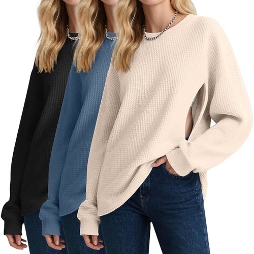 3 Pack Women's Oversized Nursing Tops, Waffle Knit Breastfeeding Zipper Sweatshirt Long Sleeve Maternity Shirts