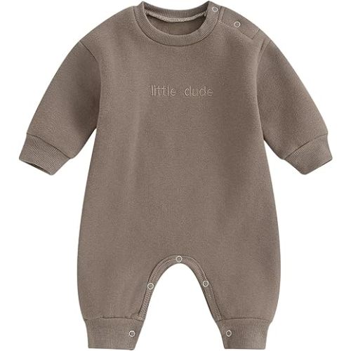 allshope Newborn Baby Boy Fall Outfit Romper Little Dude Embroidery Long Sleeve Jumpsuit Bodysuit Infant Winter Clothes