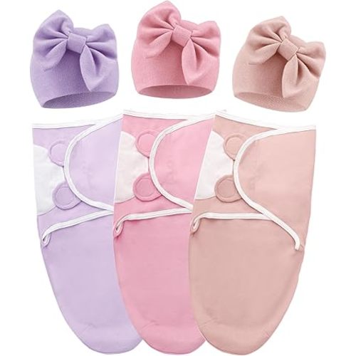 Baby Swaddle Sleep Sacks with Big Bow Hats Cotton Adjustable Swaddle Blankets Wrap Nursery Swaddles for Newborns Boy Girl Infant 0-3 Months
