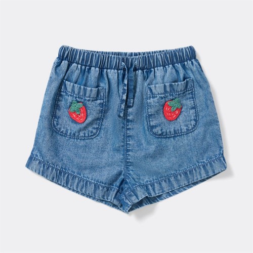 Dymples Baby Embroidered Strawberry Pocket Chambray Shorts - Blue - Size 00