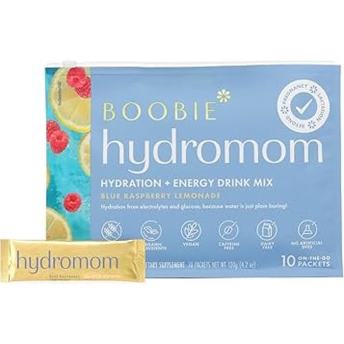 Boobie Hydromom Superfood Electrolyte Drink Mix, Blue Raspberry Lemonade | Refreshing Energy & Hydration Boost for Mamas | On-The-Go & Travel Essentials for Pregnancy, Lactation, & Beyond, 10 Packets