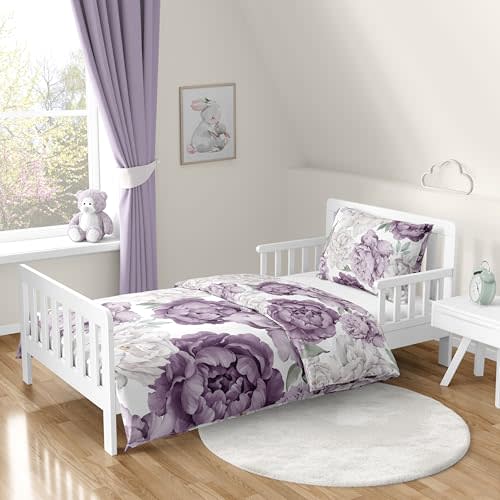 Sweet Jojo Designs Lavender Purple Boho Shabby Chic Floral Girl Toddler Bedding Set Kids Children 5p Bed in a Bag Comforter Blanket Pillowcase Sham Sheets Ivory Bohemian Vintage Watercolor Sage Green
