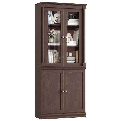 Homfa 71"H Bookcase with Glass Doors, 5 Tier Storage Bookshelf with Adjustable Shelf for Study Home Office,Reddish-Brown