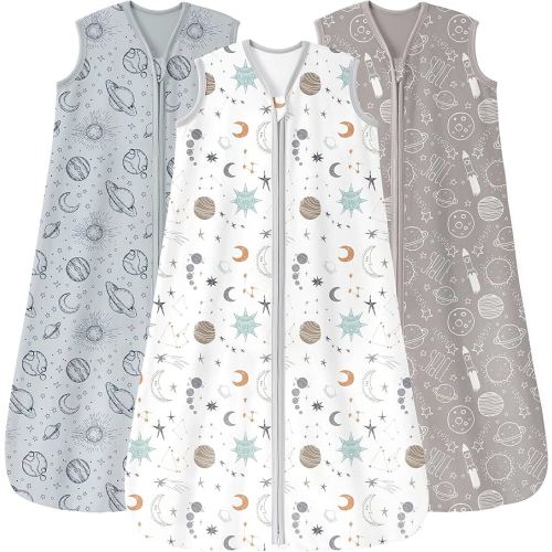 Baby Sleep Sack 6-12 Months 3 Pack 100% Cotton Lightweight 0.5 TOG Wearable Blanket Baby Sleep Bag with 2-Way Zipper for Newborn Infant White Gray Blue Space