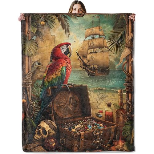 Pirate Parrot and Treasure Throw Blanket for Girls Boys Kids Adults, 50x60 in, Cozy Flannel Blanket for Bedroom, Camping, Couch, Room Decor, Fuzzy Warm Soft Gifts