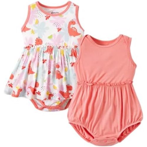 PATPAT Bamboo Baby Girl Clothes - Soft & Breathable Viscose Outfits - Sleeveless Bodysuit Dress Summer- 2 Pack Newborn Infant