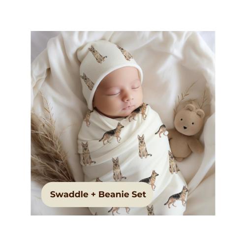 German Shepherd Swaddle Blanket and Beanie Set, Dog Lover Baby Gift, Puppy Newborn Outfit, German Shepherd Baby Gift, Dog Mom Baby Set