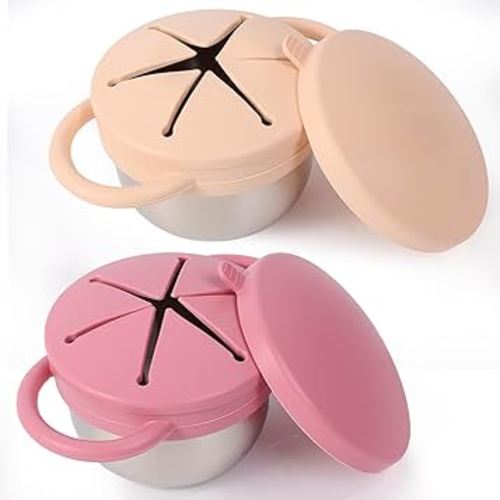 2 Pack Stainless Steel Spill Proof Snack Cup for Baby Toddlers Kids, with Silicone Food Catcher, Travel Lid, Spill-Proof Bowl Containers, Toddlers Essentials, Non Toxic BPA Free