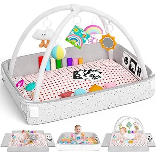 Baby Play Gym Mat Baby Toys Tummy Time Mat with 5 Detachable Toy Activity Center Newborn Infant Toy Babies Boy Girl Gifts for Babies Toys 0-3-6-12 Months Newborn Infant Babies Essentials Gift