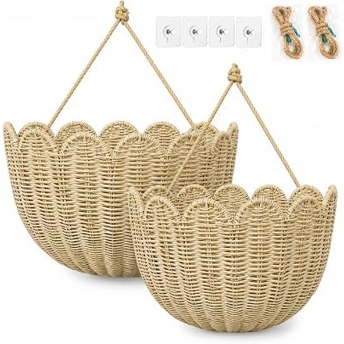 Scalloped Wall Basket, 2Pack Hand Woven Rattan Hanging Wall Baskets
