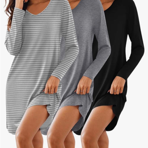 Ekouaer 3 Pack Women's Nightgowns Long Sleeve Sleep Shirts Comfy Soft Nightshirt Women Pajama Sleep Dress Cute Sleepwear