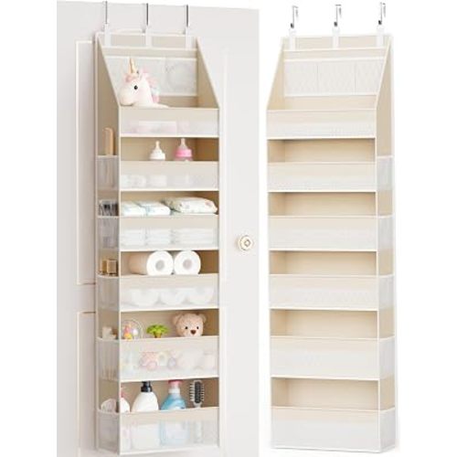 Over the Door Organizer, 6-Shelf Closet Hanging Storage with 13 Mesh Pockets, 55lbs Capacity Behind the Door Storage for Baby Nursery, Bathroom, Bedroom, and Dorm, Beige