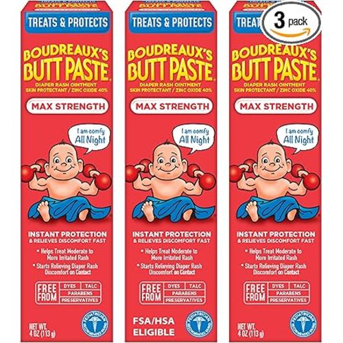Boudreaux’s Butt Paste Max Strength Diaper Rash Cream for Baby, Ointment With Zinc Oxide, 4 oz Tubes, 3 Pack