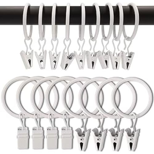 90 Pack Curtain Rings with Clips, Drapery Clips with Rings, Drapes Rings 1.26 in Interior Diameter, Fits up to 1 Inch Curtain Rod, White