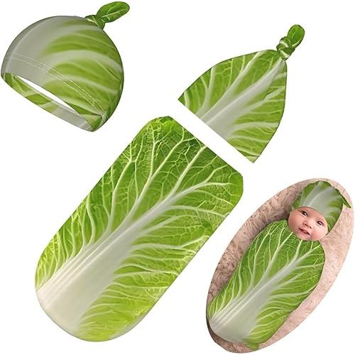 Personality 3D Cabbage Newborn Swaddling Blanket Beanie Hat Funny Blanket Sleeping Bag New Born Sleep Sacks for Boys Girls