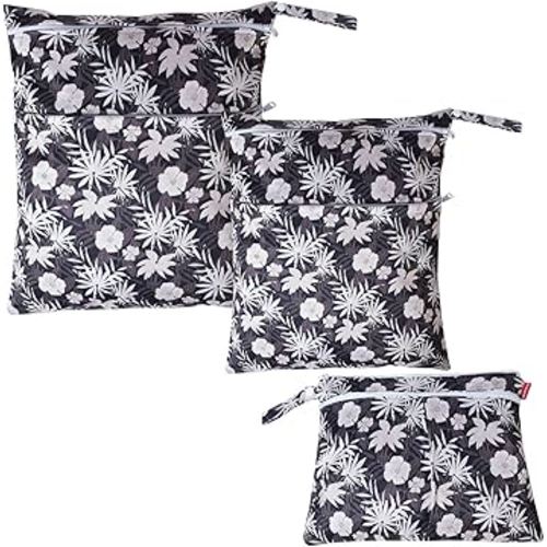Damero 3Pcs Wet Dry Bag for Cloth Diaper, Swimsuit, Clothes, Ideal for Travel, Exercise, Daycare, Roomy and Water-Resistant(Coffee Flowers)