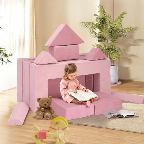 Magic Union 12Pcs Modular Kids and Toddler Versatile Play Couch,Child Convertible Folding Sponge Cushion Building Fort Sofa for Playroom Bedroom,Gifts for Kids,Pink