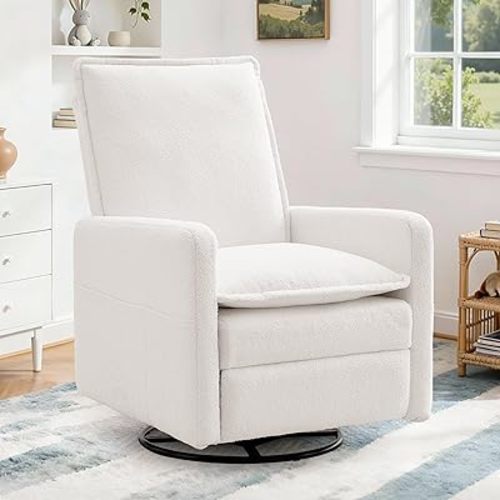 Korser 360° Rocking Recliner Chair, Nursery Swivel Rocker Reclining Chair with Side Pockets, Small Recliner for Small Spaces, Manual Swivel Glider Recliners for Living Room, Nursing, Beige