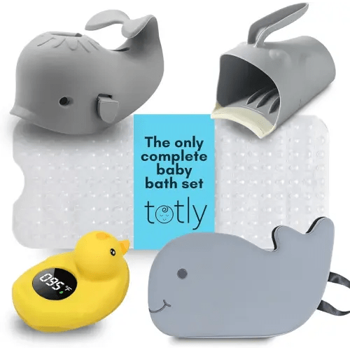 5pcs Baby Bath Essentials Set - Complete Bathtime Kit with Rinse Cup, Spout Cover, Kneeler, Thermometer & Non-Slip Mat for Newborn