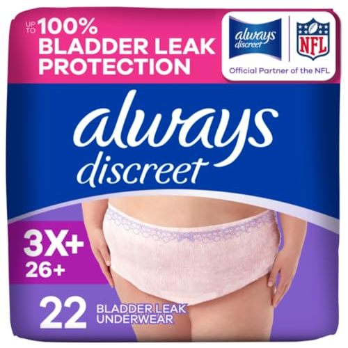 Always Discreet Reimagined Adult Diapers for Women, Maximum Absorbency Incontinence and Postpartum Underwear Size 3X+, Up to 100% Leak Free Bladder Leak Protection, 22 Count