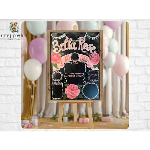 17x23 custom baby milestone chalkboard/personalized/floral/baby’s first year/photo prop/stat board/reusable/shabby chic/roses/blossoms/pink
