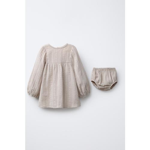EMBROIDERED COTTON GAUZE DRESS AND PANTY SET - taupe brown | ZARA United States