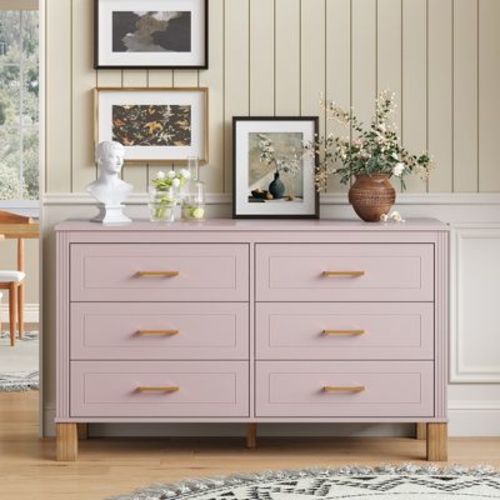 6 Drawer Modern Dresser, Wooden Storage Chest with Solid Wood Legs for Bedroom Kids Nursery Entryway-Pink