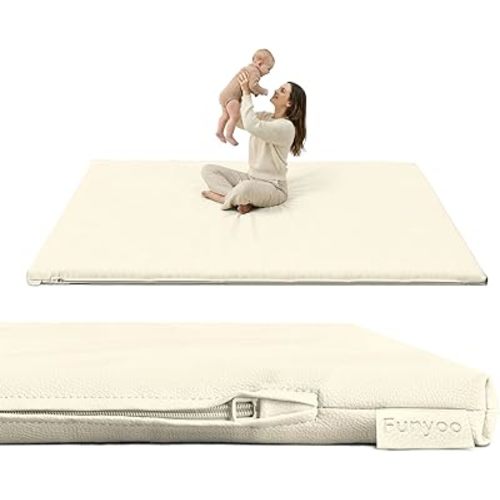 Padded 71" ×59" Large Baby Play Mat for Floor, 1.2" Thick Memory Foam Playmat with Soft Vegan Leather Cover, Cushioned Play Mat for 71" x59" Playpens, Beige