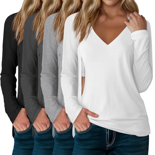 4 Pack Women's Long Sleeve Nursing Shirts with Hidden Zipper V Neck Breastfeeding Clothes Maternity Loose Fit Tops
