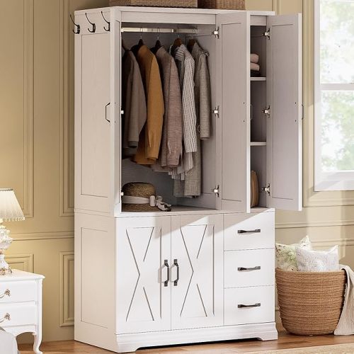 LIKIMIO Wardrobe Closet with 5 Cabinet Doors and 3 Drawers, Large-Capacity Deep Armoire for Bedroom with 3 Side Hooks, Hanging Rod and Anti - tip Kit, White