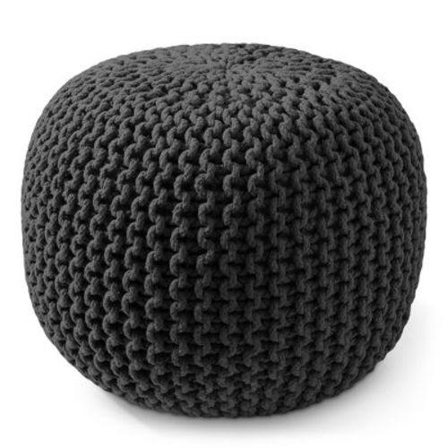 Casafield Round Pouf Ottoman, Black - 20" Dia x 14.5" High Cotton Knit Foot Stool - Boho Floor Pouffe for Living Room