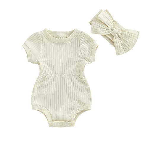 FOCUSNORM Baby Girl Summer Clothes Ribbed Short Sleeve Romper Solid Color Bodysuits Bow Headband Outfit Newborn Girl Jumpsuit