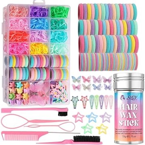 Hair Accessories for Girls, 1350P Colorful Hair Ties with 44P Hair Clips, Glitter Butterfly Hair Clips, Hair Wax Stick, Butterfly Hair Claws, Hair Barrettes with Comb Set&Organizer Box, Ideal Gifts