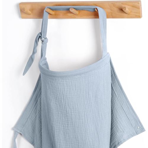Blissful Diary Muslin Nursing Cover for Breastfeeding, Breathable Breastfeeding Cover up with Arch Neckline for Women, Nursing Apron(Light Blue)