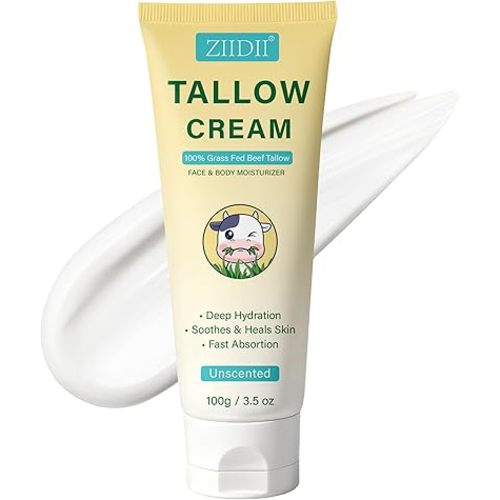 ZIIDII Beef Tallow for Skin, Whipped Grass Fed Beef Tallow Moisturizer, Organic Tallow Face Moisturizer Body Balm Cream, Natural Unscented Deep Nourishment for Dry Skin, 3.5oz