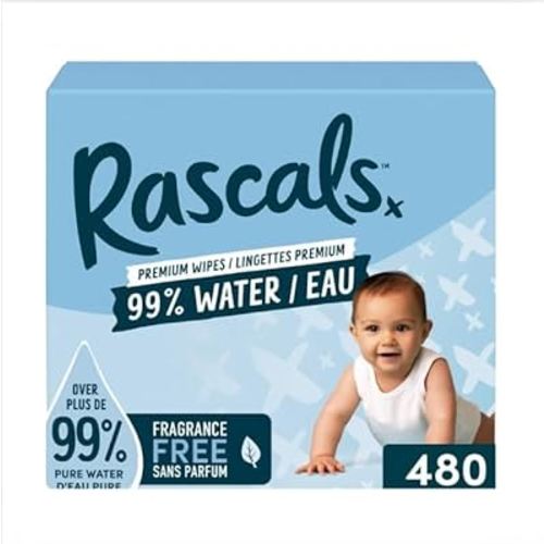 Rascals 99% Water Premium Baby Wipes, 480 Count, Plastic-Free, Hypoallergenic, pH Balanced, Gentle Daily Use