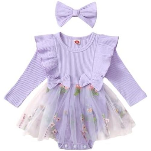 FOMOYUU Newborn Baby Girl Outfits Floral Mesh Ruffles Long Sleeve Romper Dress Fall Winter Bow Clothes with Headband
