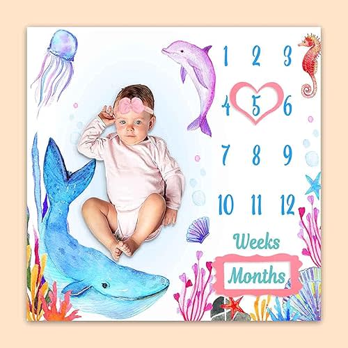 Under The Sea Baby Monthly Milestone Blanket, Blue Whale Purple Dolphin Jellyfish Seahorse, Newborns 1 to 12 Months Unisex Include 4 Frames and 1 Headband 47"x47"BTLSPH538