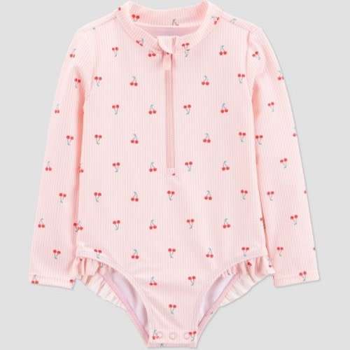 Carter's Just One You® Toddler Girls' Long Sleeve Cherry Striped One Piece Rash Guard Swimsuit - Pink 12M