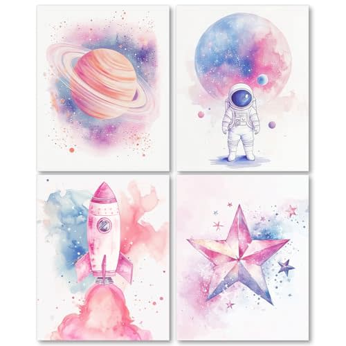 laveliabel Space Nursery Decor, Pastel Outer Space Astronaut Planets Rocket Stars Wall Art Prints Set of 4 Unframed, Space Poster Wall Decor for Toddler Kids Girls Room Nursery Playroom, 8x10 Inches