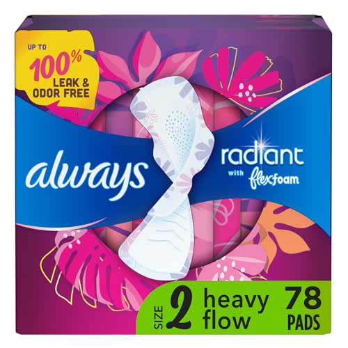 Always Radiant Feminine Pads for Women, Flexfoam Pads with Wings, Size 2, Heavy Absorbency, Lightly Scented, 78 Count (3 Packs of 26)