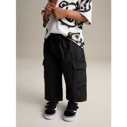 Black Denim Wide Leg Pull On Cargo 100% Cotton Jeans (3mths-7yrs)