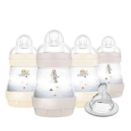 MAM 4.5oz Easy Start Anti-Colic Wide Neck Vented Baby Bottle, Extra Slow Flow Breastfeeding-Like Silicone Nipple, Reduces Colic, Gas & Reflux, Easy to Clean, BPA Free, 0+ Months, Made in Europe