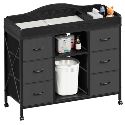 YeTom Changing Table, 6-Drawer Dresser, Adjustable Shelves, Mobile, Black | Changing Table Dresser, Waterproof Diaper pad & Safety Strap, 6 drawers, Adjustable shelves, Mobile Nursery Organizer