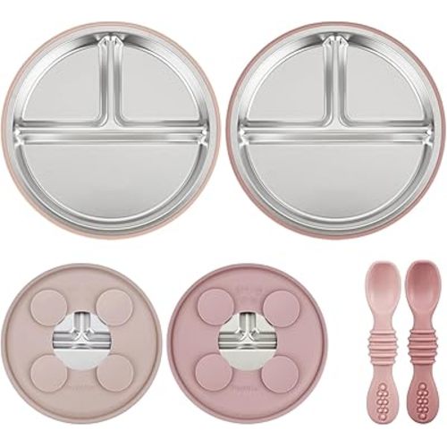 PandaEar Baby Feeding Set 4 Pcs, 2 Pack Stainless Steel Suction Plates & 2 Pack Spoons Set, Divided Plates for Baby Led Weaning Supplies, BPA-Free (Dark pink/Light pink)