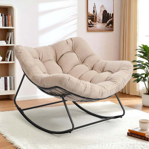 Dovov Indoor Rocking Chair with Cushion, Oversized Papasan Rocker Chair Comfy Egg Chair Modern Lounge Seat Recliner Chair, Beige